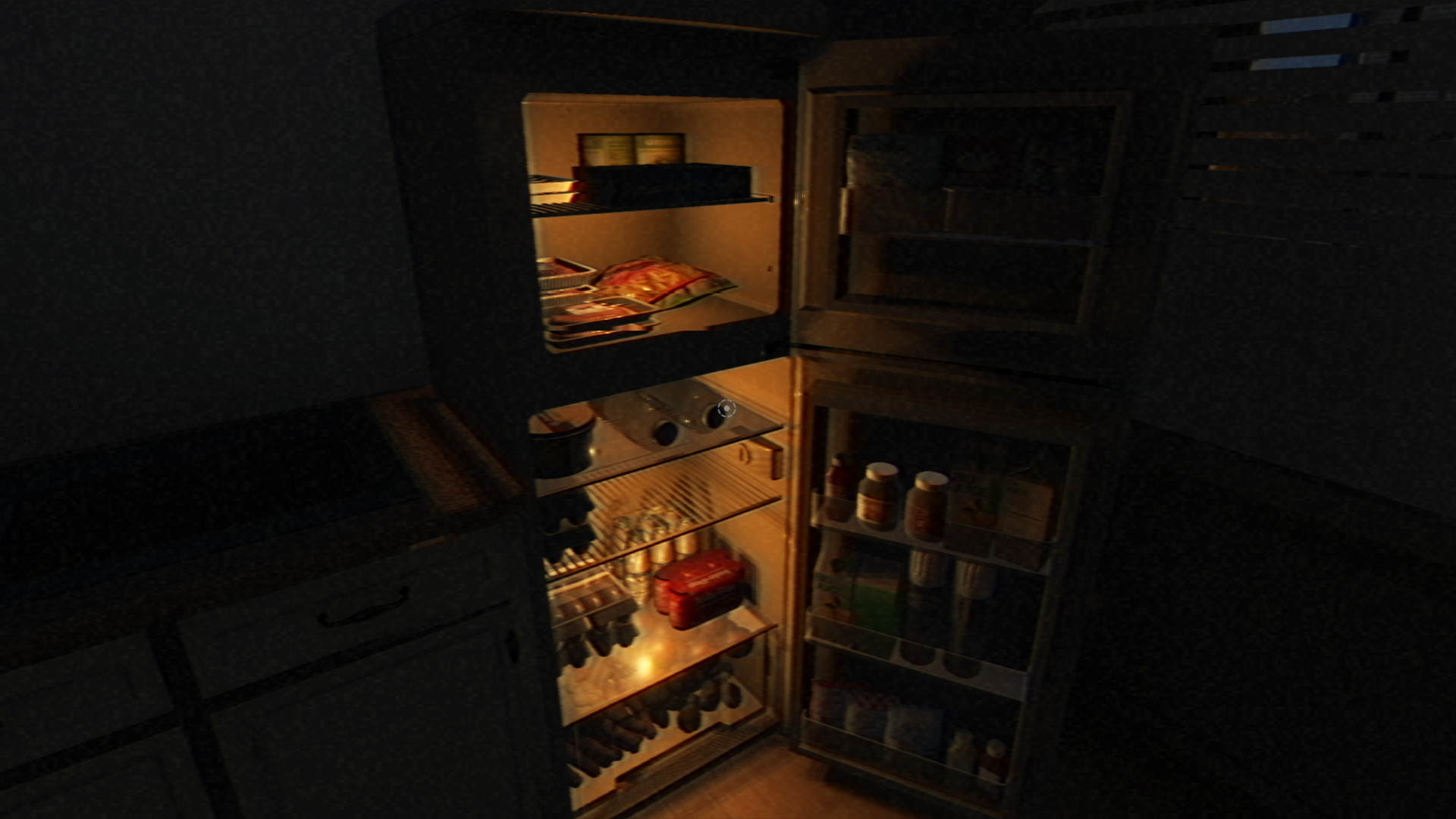 Fears to Fathom: Home Alone screenshot: an open fridge in a dark kitchen