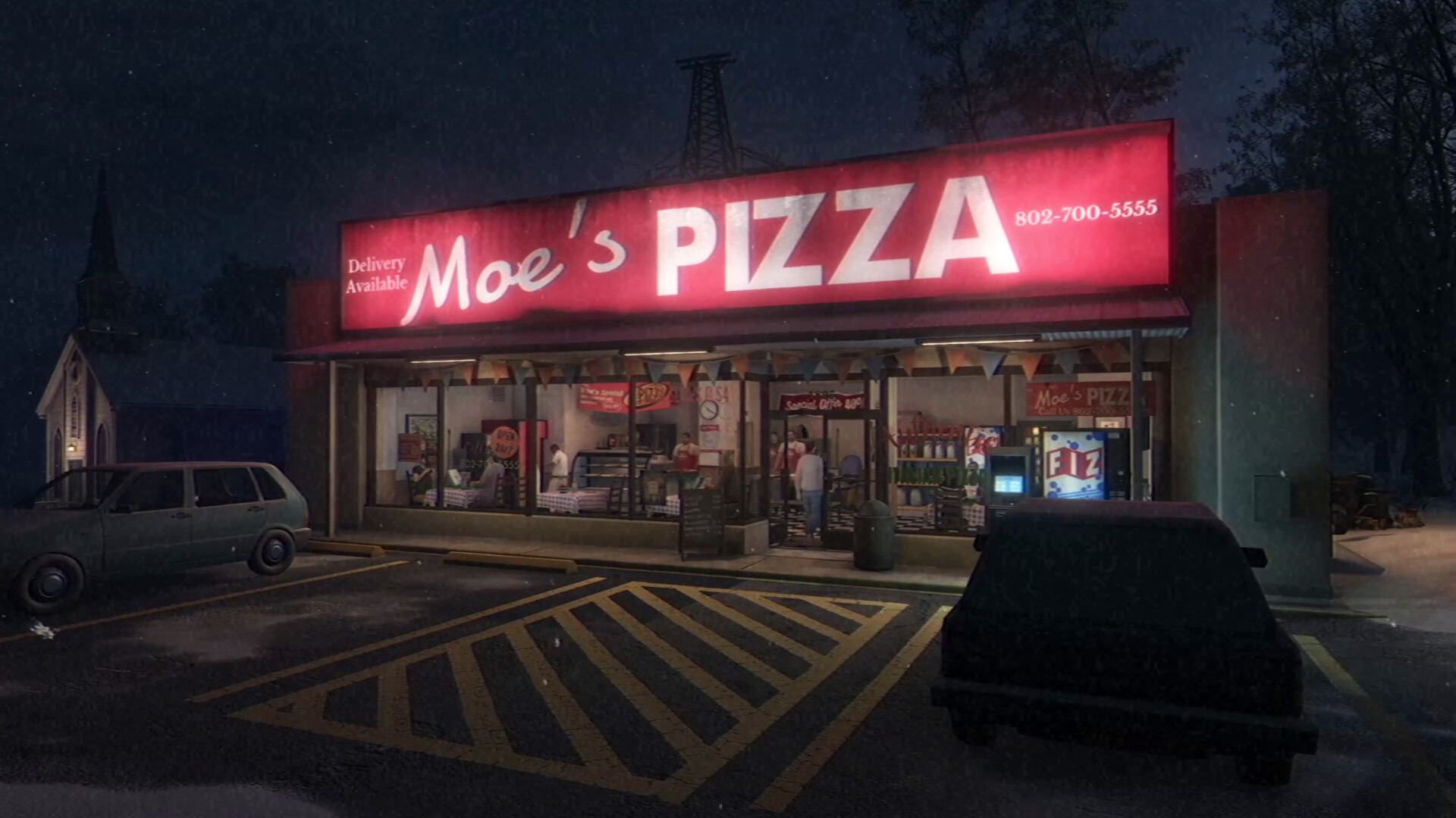 Fears to Fathom: Woodbury Getaway screenshot: Moe's Pizza at night
