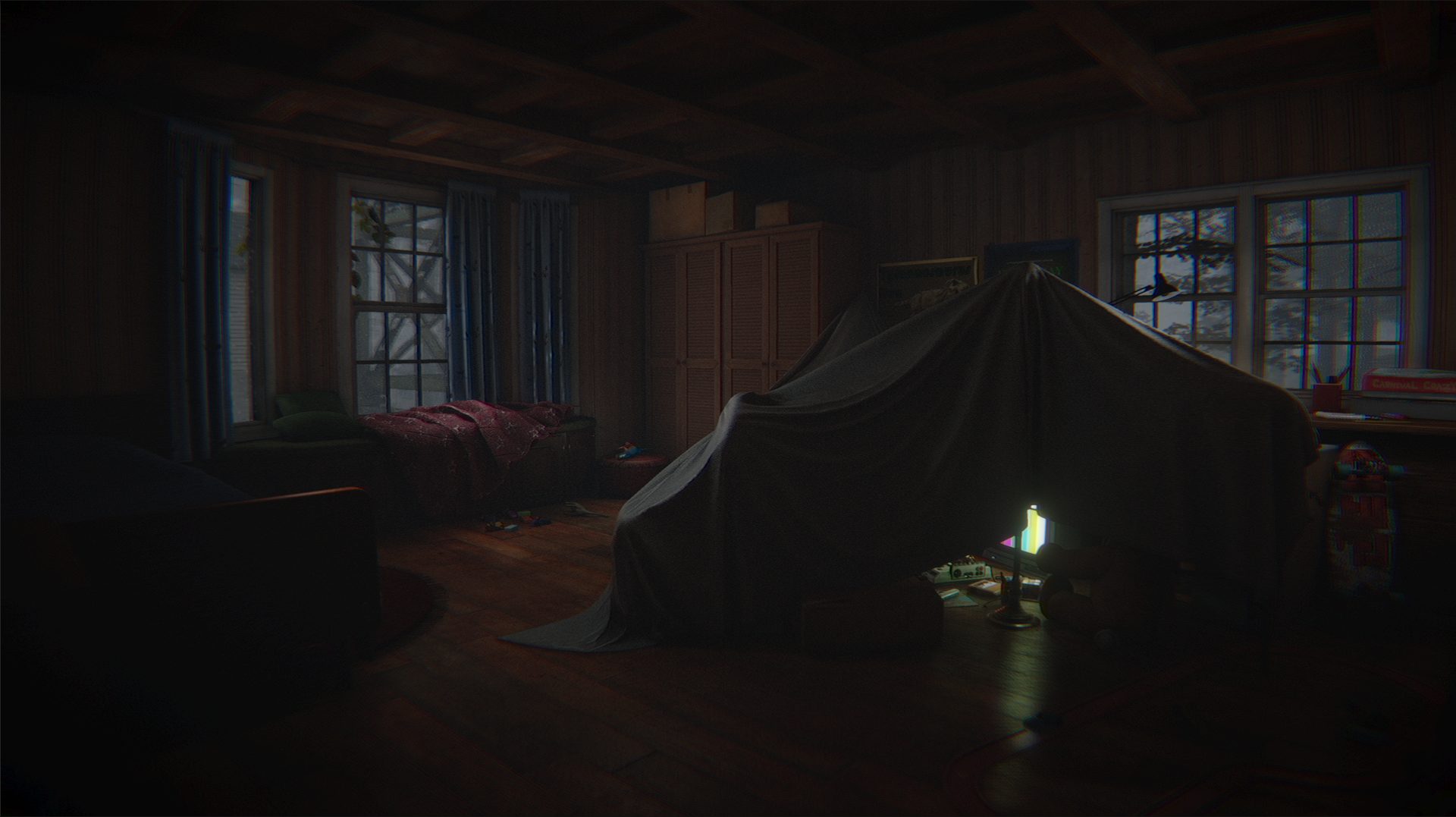 Farsight screenshot: Dark bedroom with a blanket fort