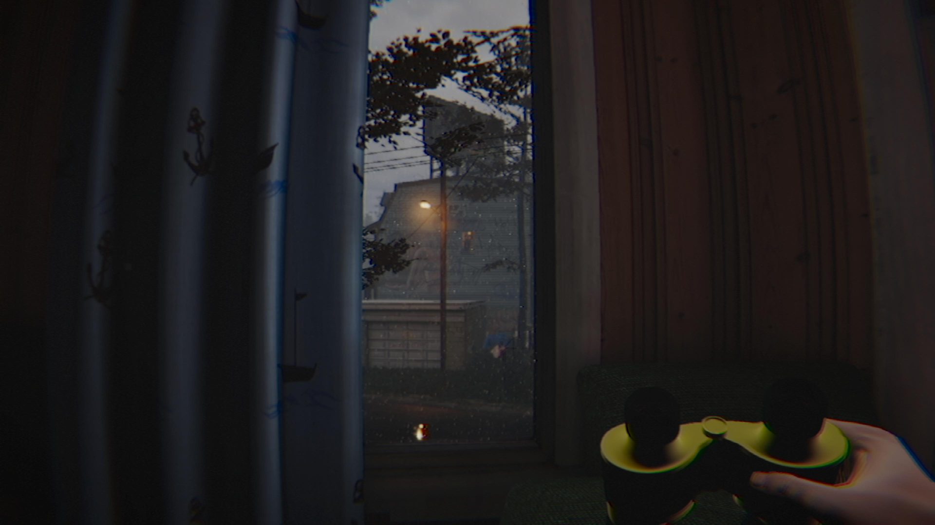 Farsight screenshot: Holding binoculars at the bedroom window