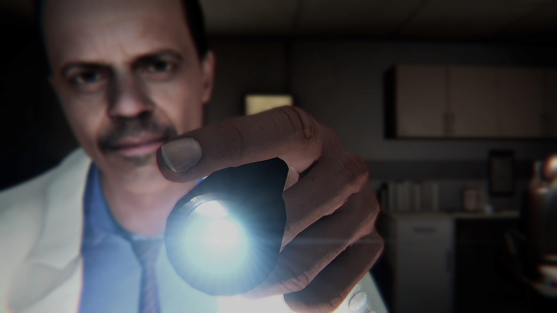 Farsight screenshot: Doctor shining a flashlight during the eye exam