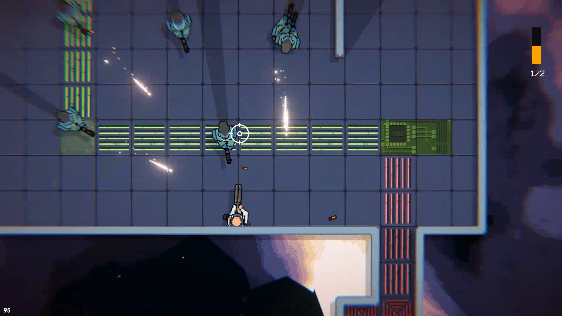 Shotgun-Tact gameplay: shooting through a squad of enemies in a space station corridor