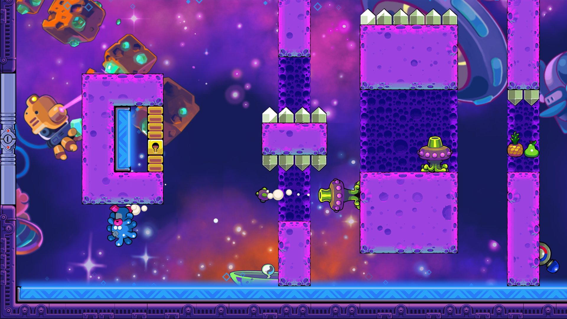 Super Leap Day screenshot: a space level with alien turrets